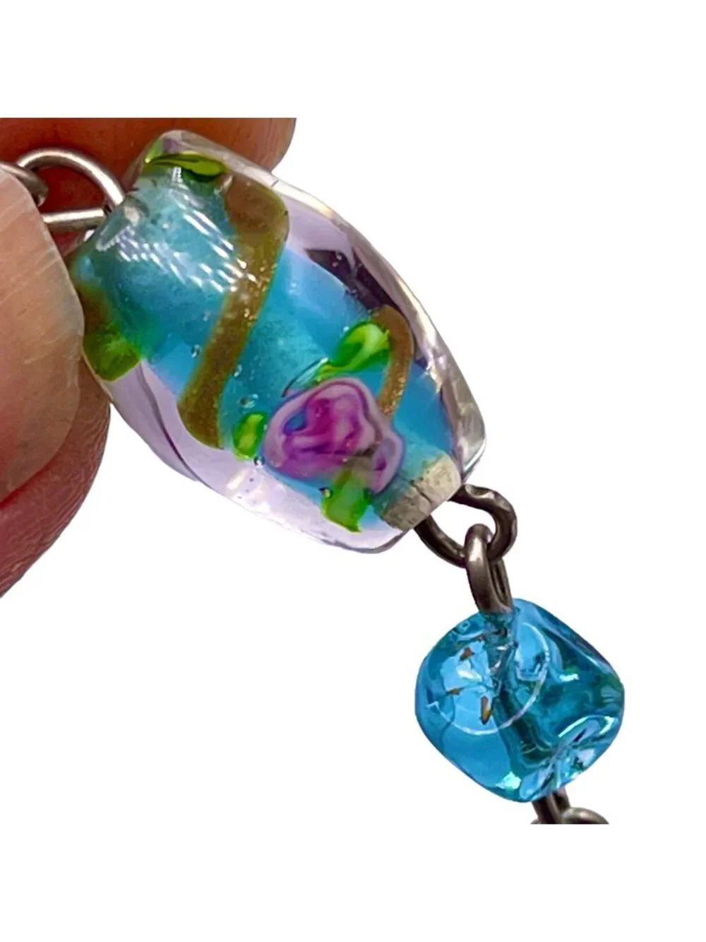Handmade Glass Bead Lavalier Necklace Teal Gold Pink Rose Sterling Vintage 1950s - Picture 7 of 13